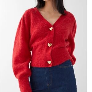 & Other Stories Red Heart-Button Mohair Blend Cardigan
